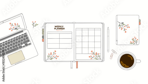 Weekly Planner Desk Setup Illustration with Laptop and Coffee