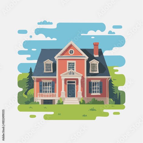 Charming Suburban House Illustration with Green Lawn and Blue Sky.