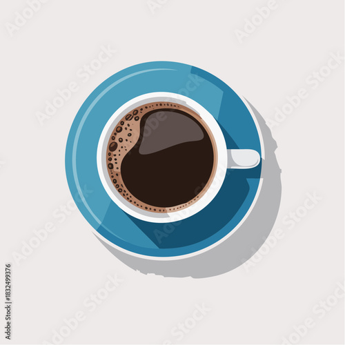 Coffee cup on a blue saucer top view.