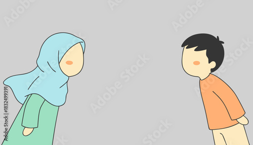 A minimalist cartoon illustration of a Muslim couple, a woman in a light blue hijab and a man in an orange shirt, facing each other with blush marks.