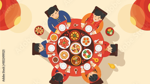 A heartwarming flat design illustration depicting a modern Chinese family enjoying their traditional Lunar New Year reunion dinner, celebrating togetherness and prosperity. 