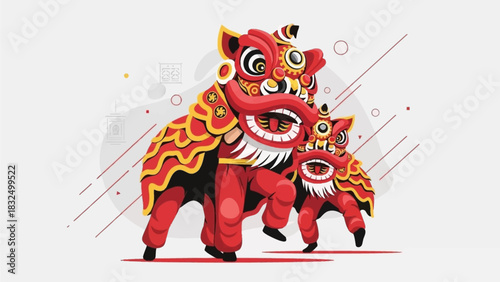 An energetic flat design illustration capturing the dynamic and festive spirit of a lion dance, a traditional performance for Chinese Lunar New Year. 