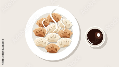 An inviting flat design illustration of steaming Chinese dumplings (jiaozi), a beloved traditional food for Lunar New Year symbolizing wealth and togetherness. 