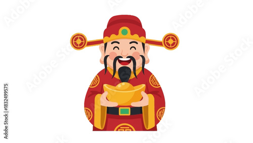 A jovial flat design illustration of Caishen, the Chinese God of Wealth, holding a gold ingot, a prominent figure during Lunar New Year for prosperity. 