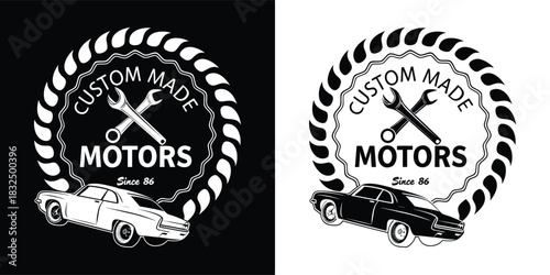 Custom made motors car emblem with wrench and gears, vintage style graphic