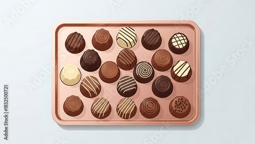 A delicious assortment of gourmet chocolate bonbons and truffles artfully arranged on a stylish metallic tray. Perfect for gifting, holidays, or a sweet indulgence.