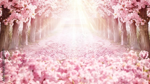 Pink Blossom Cherry Tree Path in Sunlit Garden Spring Scene