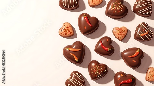Delicious heart-shaped chocolates with a spicy chili kick, featuring red and orange peppers, alongside elegant drizzles and sprinkles on a white background. Gourmet treat.
