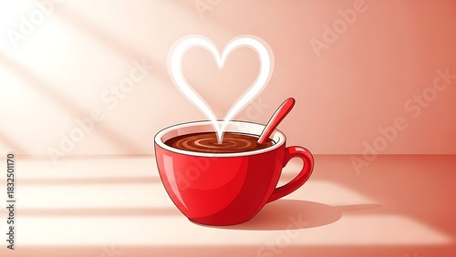 A vibrant red mug holds a warm beverage with steam rising in a heart shape, set against a cozy pink background with soft light rays. Ideal for themes of love, coffee, and comfort.