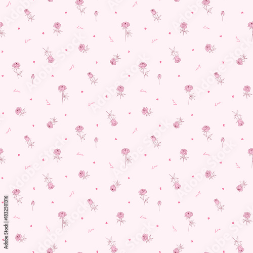 Flower pattern, floral seamless pattern, cottagecore ditsy print, rose flower on pink background. Small hand draw love flower, sweet tone design for fashion, texture, fabric, valentine wallpaper