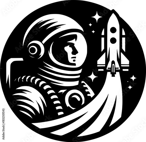 Sketchy cosmic emblem of astronaut first settler watches spaceship take off in monochrome. Engraving minimalistic vector in black ink drawing on transparent background