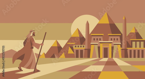 Moses Returns to Egypt
Bible Story
Moses walking with his staff toward a stylized Egyptian skyline