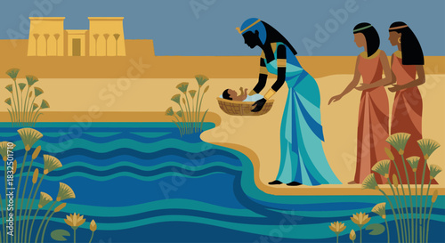 Moses Drawn from the Nile
Bible story
Pharaoh’s daughter lifting baby Moses from the river, elegant geometric silhouettes