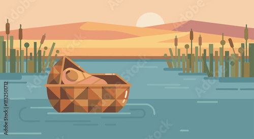 Birth of Moses
,Bible Story,
Moses as an infant placed in a geometric flat-vector basket, floating near stylized reeds on the Nile