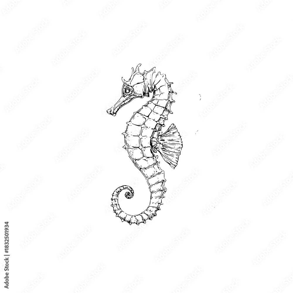 Fototapeta premium Detailed seahorse drawing sea life aquatic animal ocean creature hippocampus marine biology illustration black and white