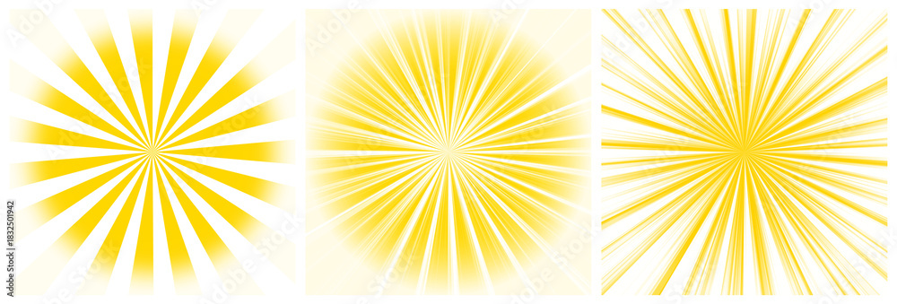 Obraz premium Set of 3 bright yellow sunburst light effect with radial rays and glowing gradient center on transparent background.