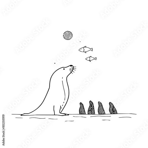 Seal watching fish swimming under the moon in ocean water illustration sea life animal marine wildlife drawing art