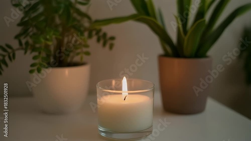 Cozy Ambiance - Candlelight and Potted Plants Indoors.