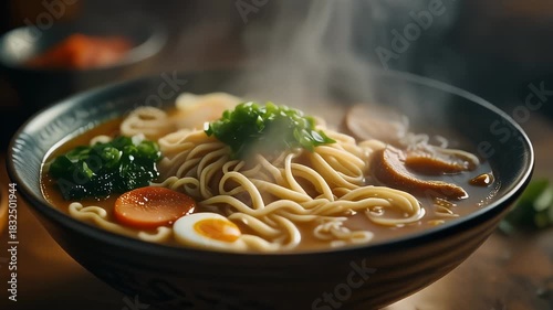 Steaming Hot Ramen Bowl with Fresh Ingredients on a Wooden Table.