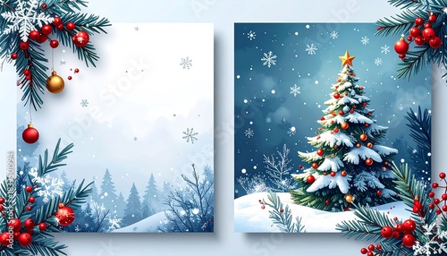 Winter Holidays square templates. Winter sale social media post frame with Christmas tree shape, snowflakes and red berries. Suitable for mobile apps, banner design and web internet ads.