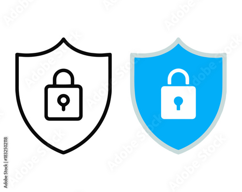 “Blue security shield padlock minimal flat outline vector icon design”