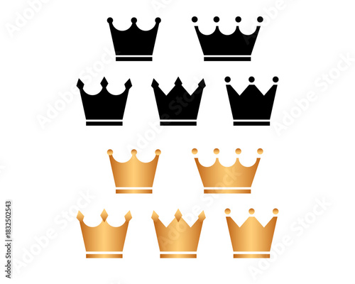 ランキング・アワードに！王冠（クラウン）の黒と金色アイコンセット  シンプルで豪華な！トップや王様を象徴するベクターイラスト素材 Set of Black and Gold Crown Icons