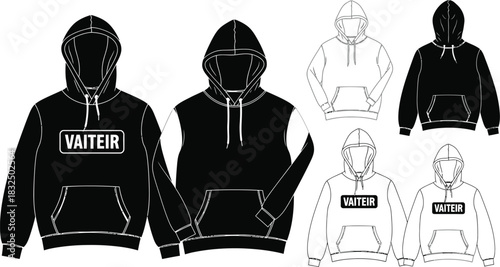 Black and white technical flat sketches of hoodie apparel designs
