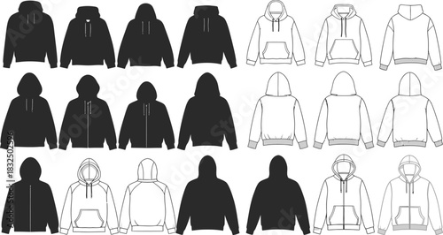 Collection of black and white hoodie flat sketches for apparel design