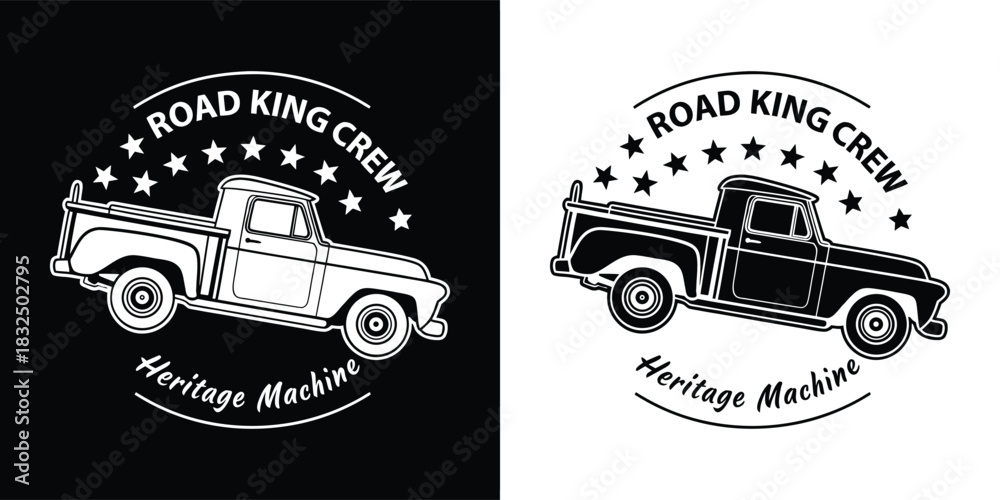 Obraz premium Road king crew emblem with a vintage pickup truck and stars, presented in both black and white and white and black versions