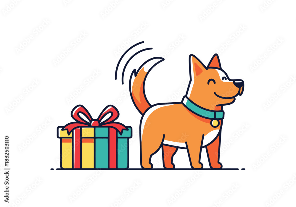 Obraz premium Happy dog with gift box, joyful pet illustration
