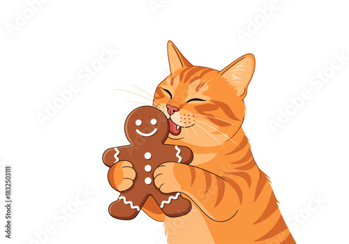 orange cat licking gingerbread man, Christmas pet illustration