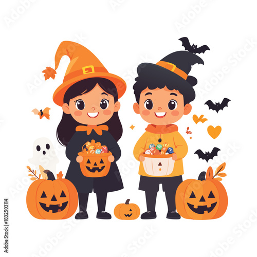 Two children dressed up for Halloween with pumpkins and bats.