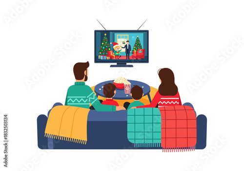 Family watching Christmas movie together on cozy couch