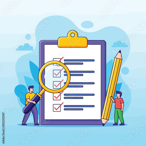 Vector illustration of People checking a checklist on a clipboard with a magnifying glass and pencil vector illustration for business and planning conc