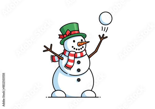 Snowman throwing snowball, winter illustration, Christmas character
