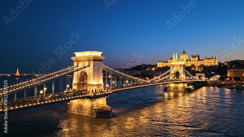 Nighttime view of the Chain Bridge over the Danube in Budapest with illuminated towers.