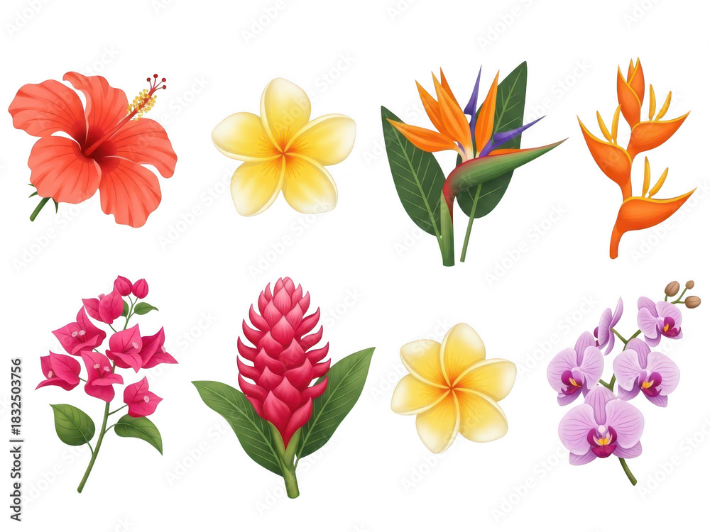 Obraz premium Collection of colorful tropical flowers including hibiscus, plumeria, orchid and bird of paradise isolated on transparent background