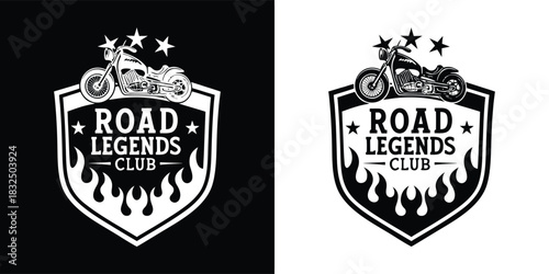 Motorcycle club emblem with text road legends club and flames on a white background