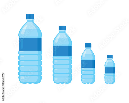 Set of plastic water bottles in different sizes, featuring blue labels and caps, arranged from largest to smallest on a clean white background.