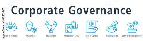 Corporate governance web banner icon vector illustration concept with icon of board of directors, chairperson, stakeholders, corporate by laws, code of conduct, advisory board, and election.