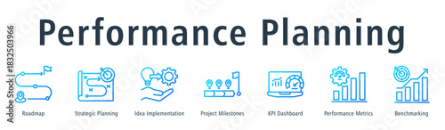 Performance Planning web banner icon vector illustration concept with icon of roadmap, idea implementation, project milestones, KPI dashboard, performance metrics, benchmarking, and planning.