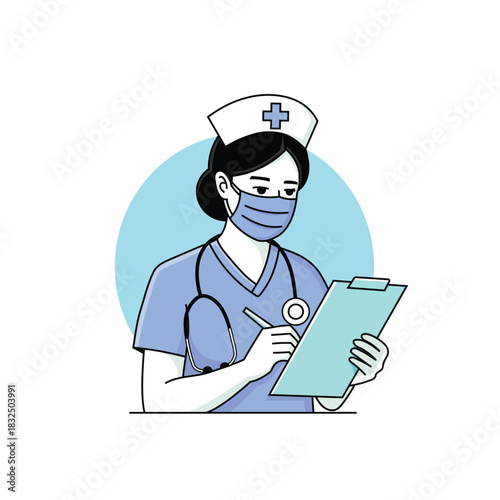 Illustration of a nurse in scrubs and mask holding a clipboard, symbolizing care, dedication, and professionalism in the medical field.