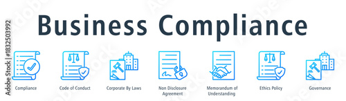 Business compliance web banner icon vector illustration concept with icon of compliance, code of conduct, corporate by laws, non disclosure agreement, memorandum of understanding, and ethics policy.