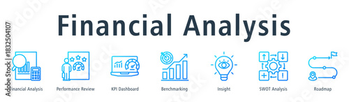 Financial analysis web banner icon vector illustration concept with icon of financial analysis, performance review, KPI dashboard, benchmarking, insight, SWOT analysis, and roadmap.