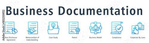 Business documentation web banner icon vector illustration concept with icon of non disclosure agreement, memorandum of understanding, case study, patent, business model, and compliance.