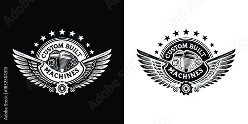 Vintage custom built machines emblem with wings and stars, black and white illustration