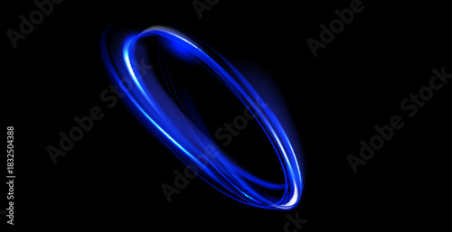 Circular light trail.Blue neon circle light.Blue glowing rings of light spinning.