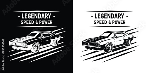 Dynamic illustration of a legendary muscle car emphasizing speed and power, shown in contrasting black and white formats