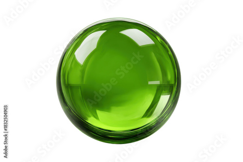 Transparent green glass sphere with reflections on black background liquid