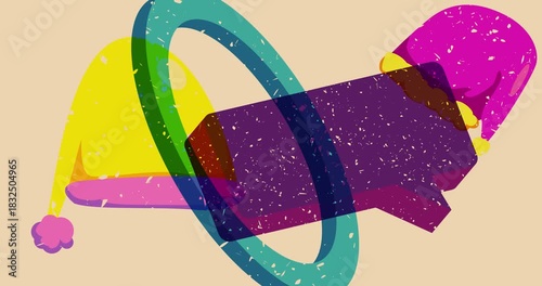 Risograph Santa Claus Hat and speech bubble with geometric shapes animation. Moving object in trendy riso graph design video.